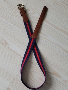 Coach Vintage Linen Belt Navy and Red Stripe with Brown Leather Trim Womens 32